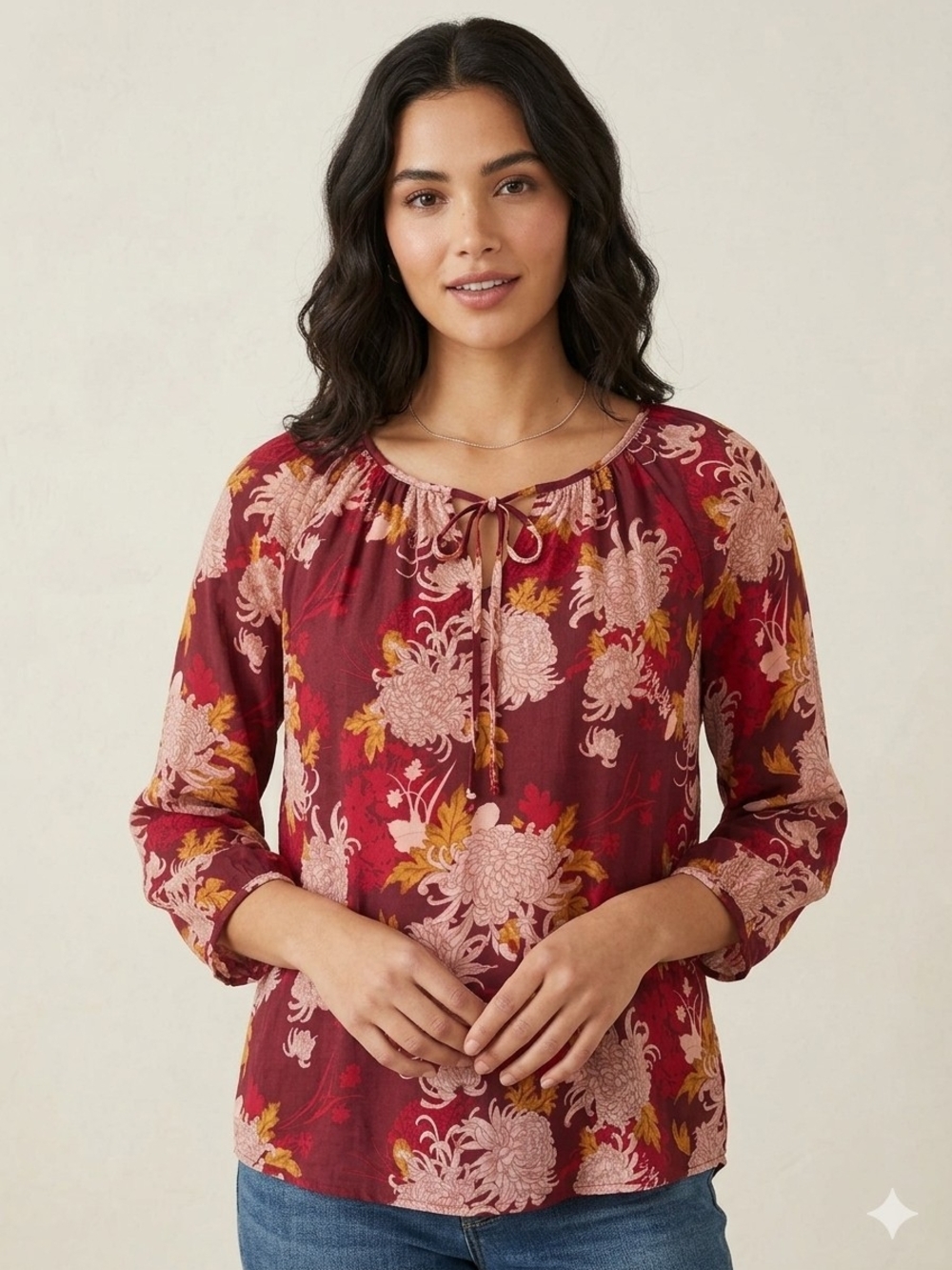 Women's Floral Tie-Neck Peasant Top - Burgundy